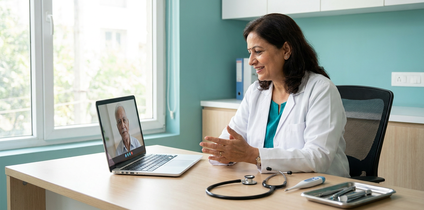 An Indian doctor conducting a telehealth consultation