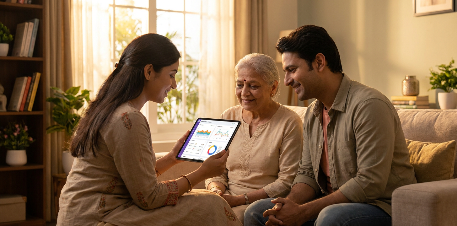 An Indian family reviewing health data together on a tablet