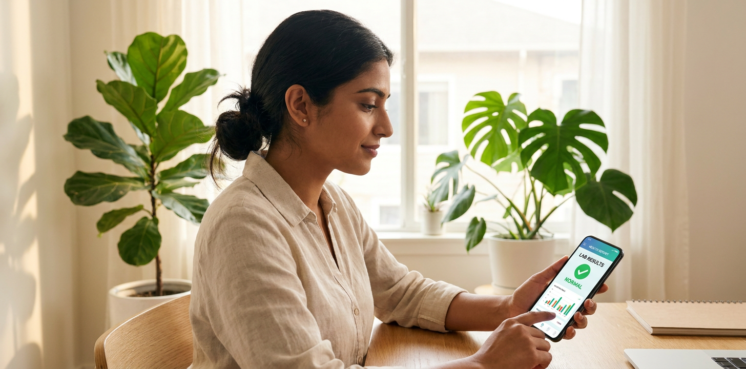 A young woman reviewing her health insights on a phone