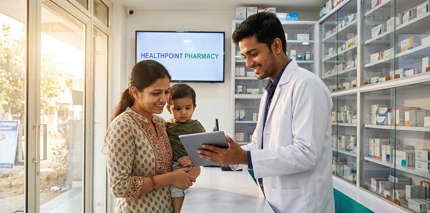 A modern pharmacist reviewing a digital prescription with a patient