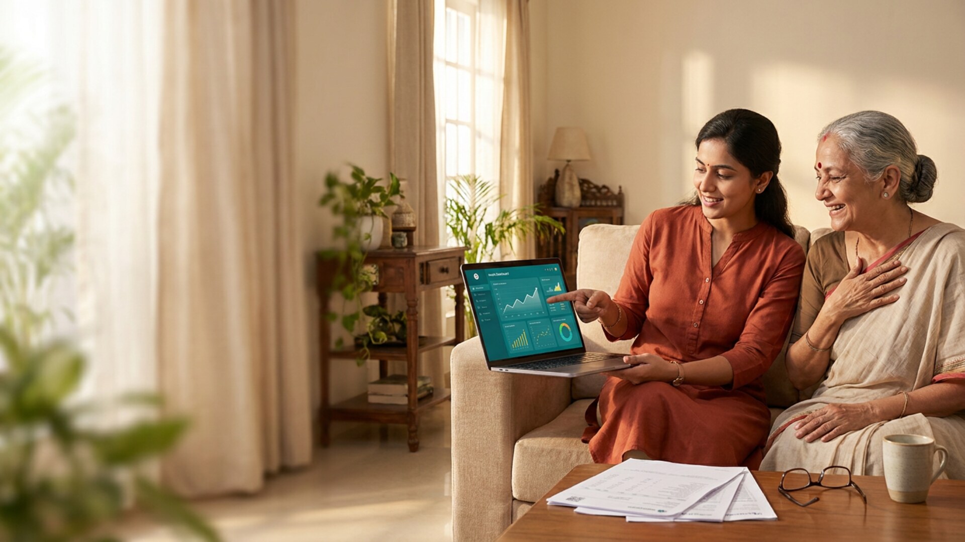 Mother checking a family health dashboard with her daughter